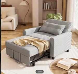 A modern 3-in-1 convertible sofa chair transforms from a stylish loveseat to an adjustable sleeper or full bed. Compact design ideal for small spaces, includes plush pillows, and features clean lines with luxury upholstery for versatile living room or bedroom use.